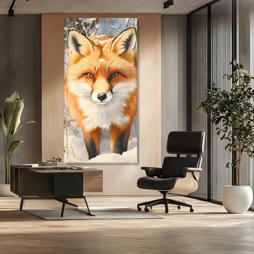 Tablou canvas cu tablou canvas cu vulpe in zapada, fara rama, pe sasiu de lemn, pe perete intr-un birou